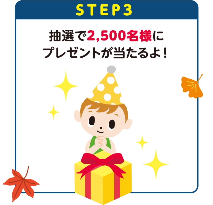 STEP3：抽選で2,500名様にプレゼントが当たるよ！
