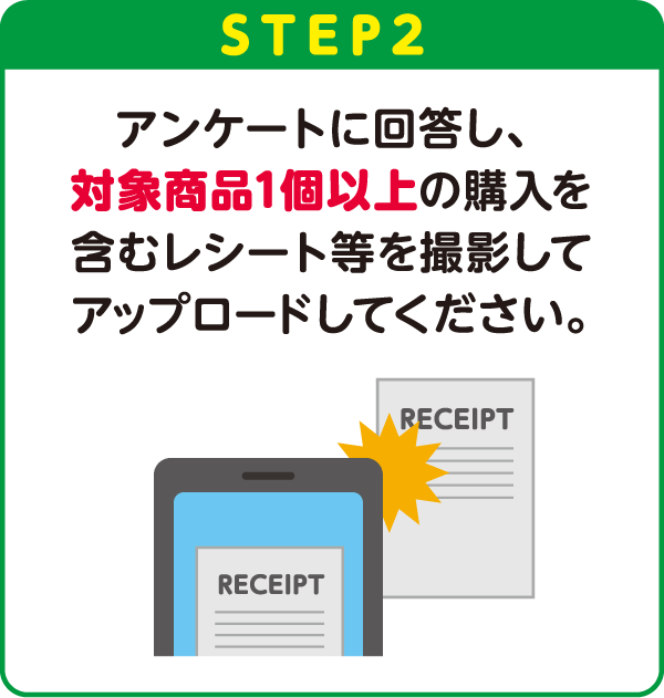 STEP2：アンケートに回答し、対象商品1個以上の購入を含むレシート等を撮影してアップロードしてください。